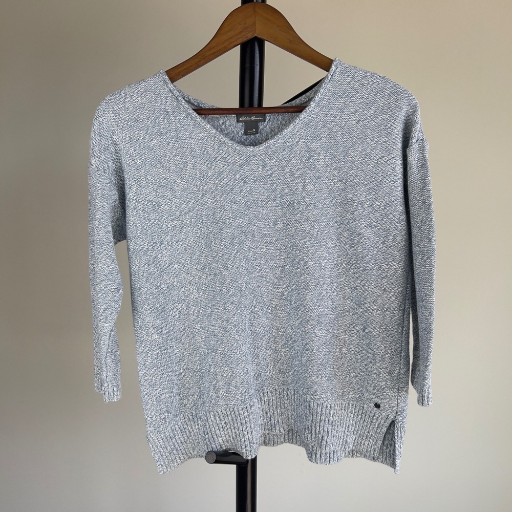 Eddie Bauer Womens Medium Blue White Marled V-Neck Sweater 3/4 Sleeve Pullover